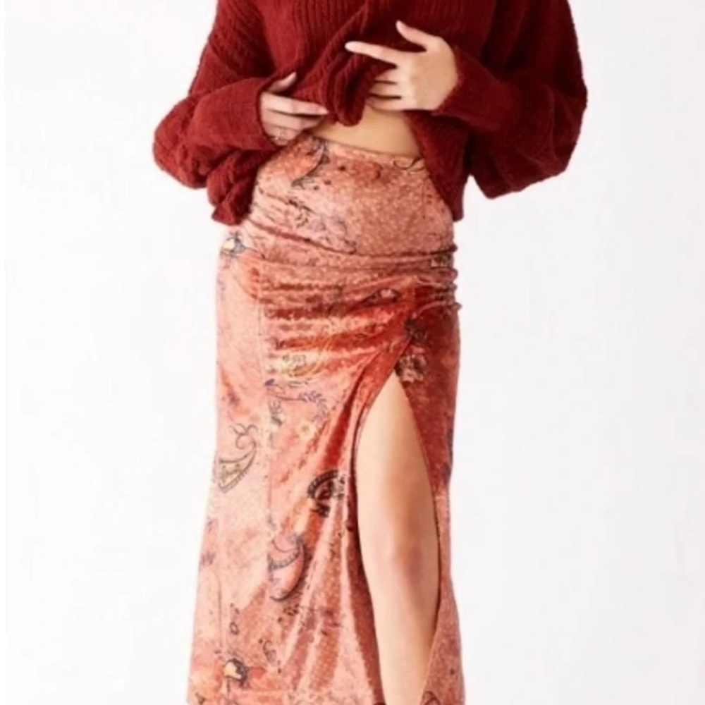 Free People Rust Paisley Velvet Maxi Skirt with Slit